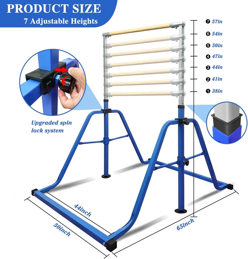 kechery Foldable & Moveable Gymnastics Horizontal Bar with Rings,3’to 5’Adjustable Height Expandable Junior Kip Bar for Home,Indoor Gym Equipment for Kids - Image 3